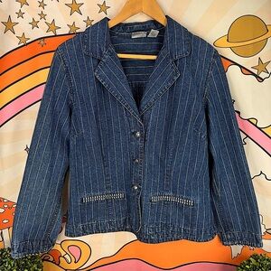 {Chico’s} Denim Blazer - Pin Striped Lightweight Jean Jacket, Size 1 (M/L)